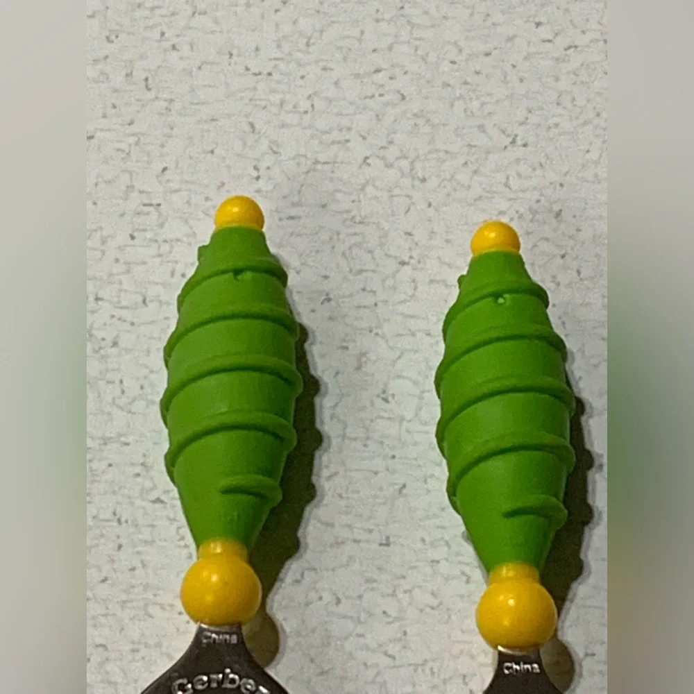 Vintage 90’s Gerber Fork & Spoon Set. Green & Yellow, Chunky Knubby Handle, 5